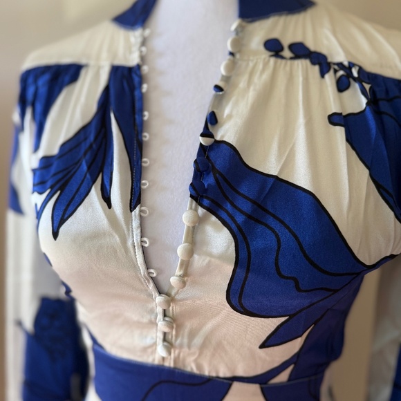 Dea Kudibal Alondradea Blue White Black Silk Satin Women's Fitted Midi Dress - Picture 9 of 17